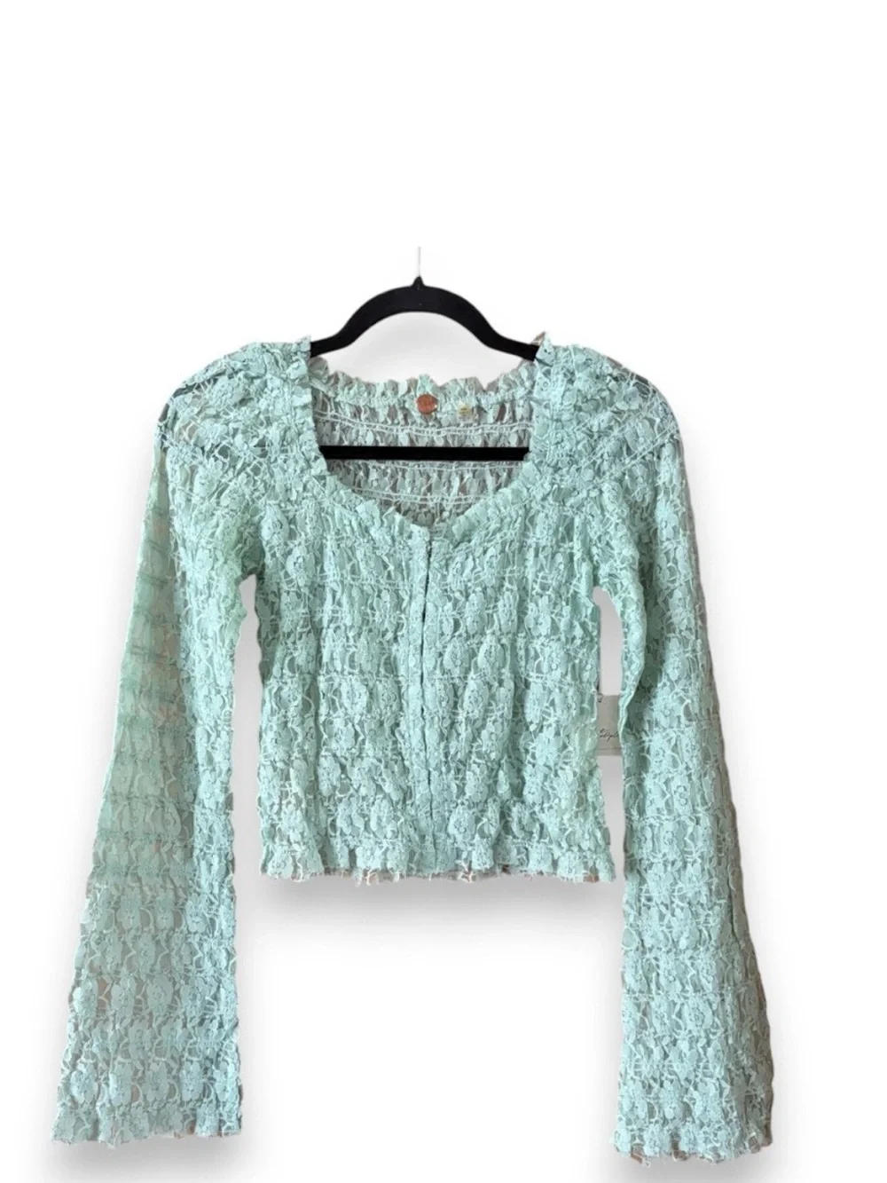 Free People Mint Lace Long-Sleeve Cropped Cardigan